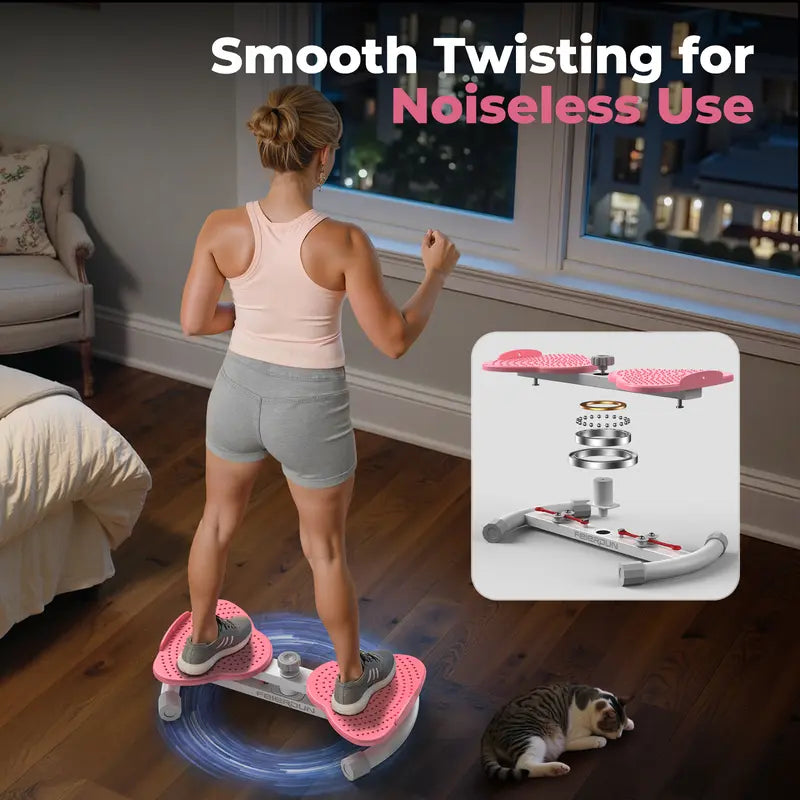 Woman using a balance board with a cat on the floor, inset showing the board's mechanism.