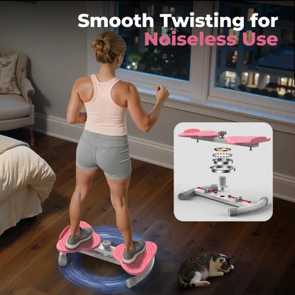 Woman using a balance board with a cat on the floor, inset showing the board's mechanism.