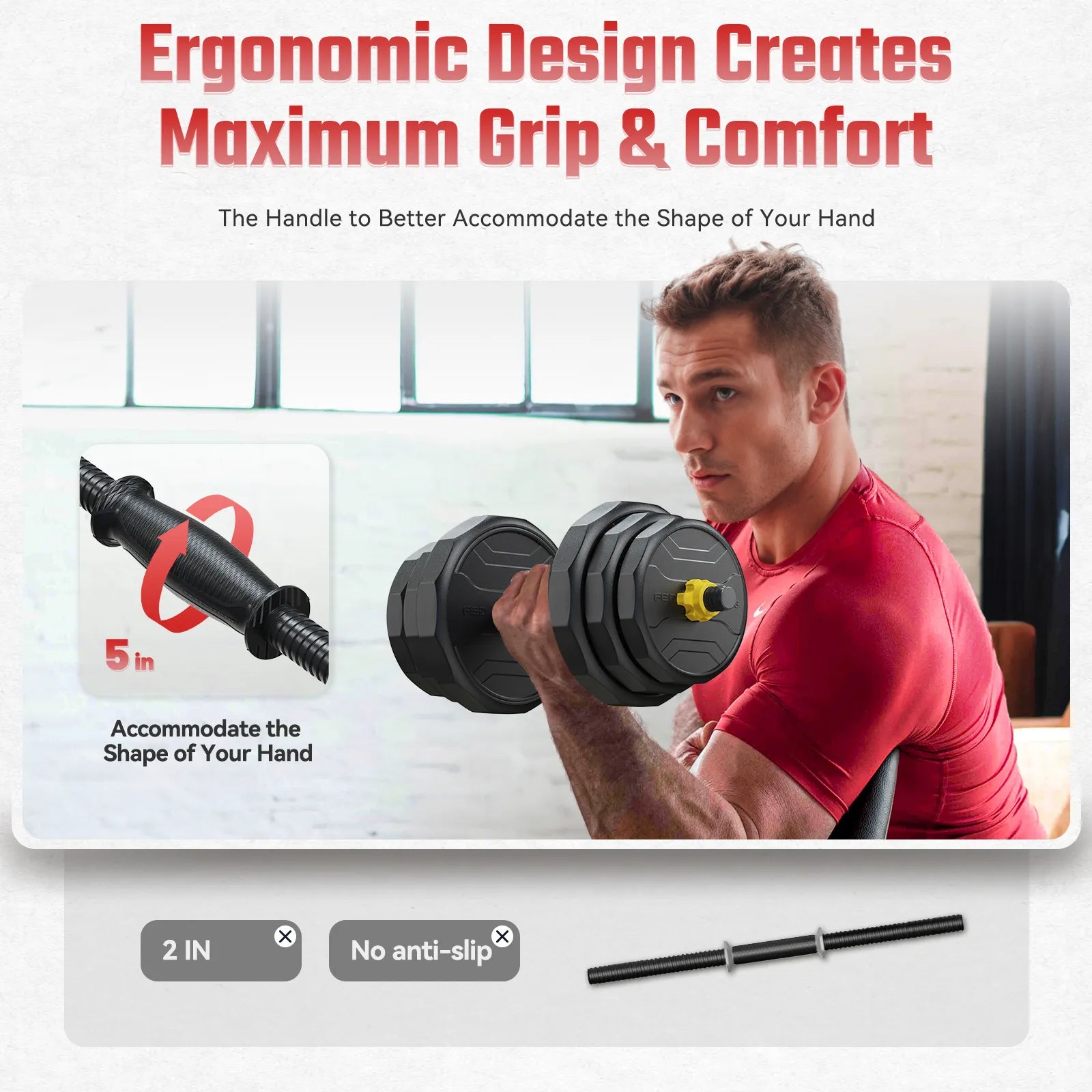 Man lifting a dumbbell with ergonomic design features highlighted on a white background