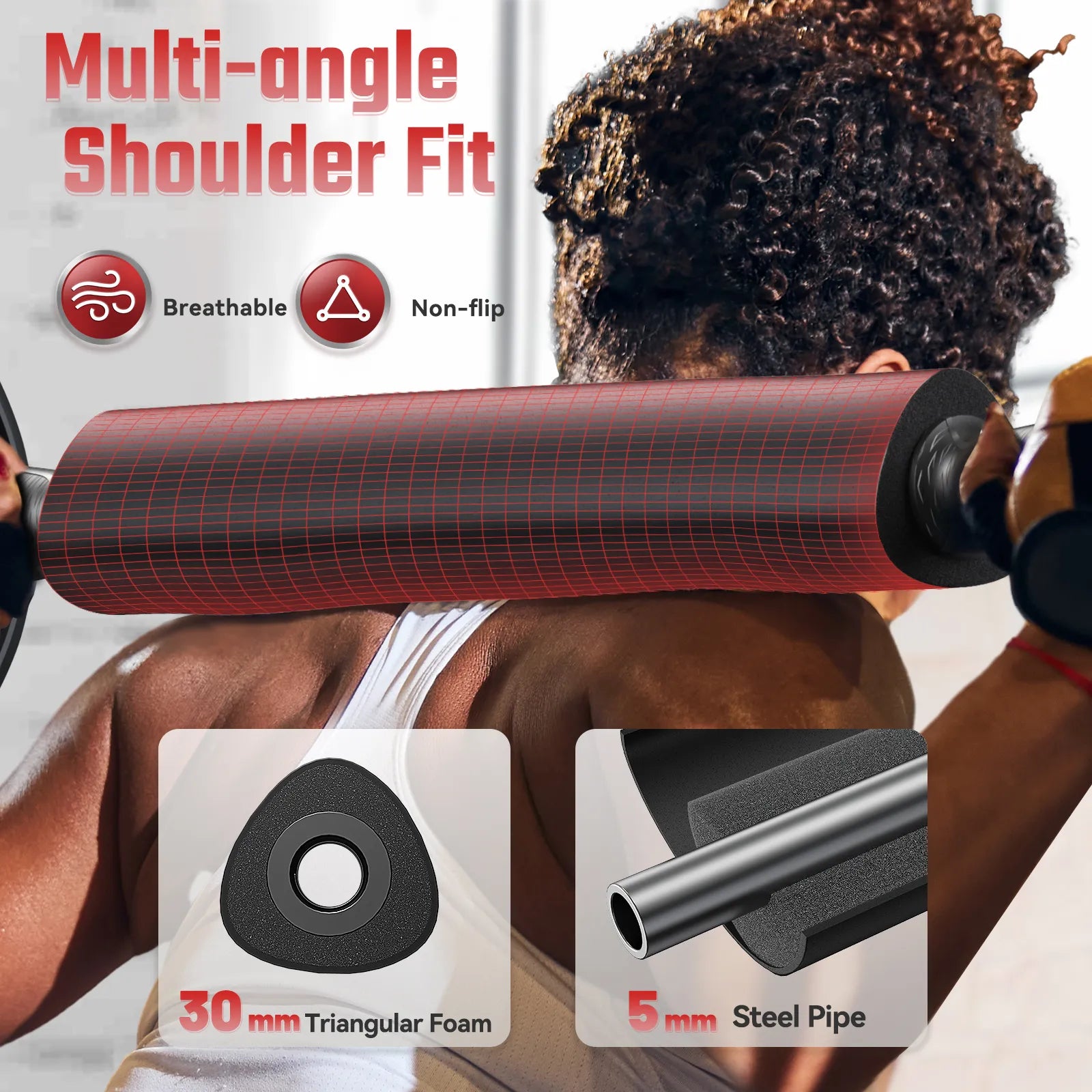 Person using a red and black shoulder fit product with text and images of foam and steel pipe.