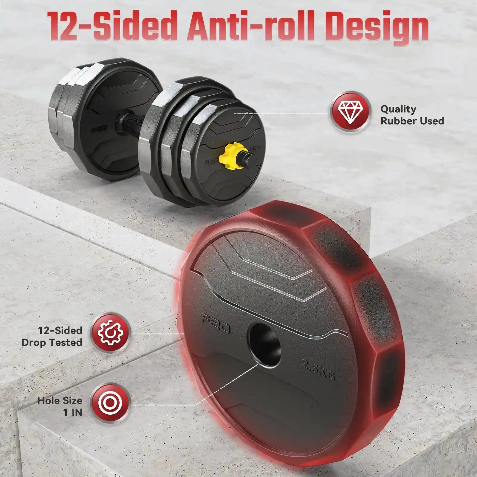 Dumbbells with a 12-sided anti-roll design on a concrete floor.