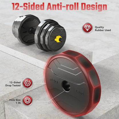 Dumbbells with a 12-sided anti-roll design on a concrete floor.