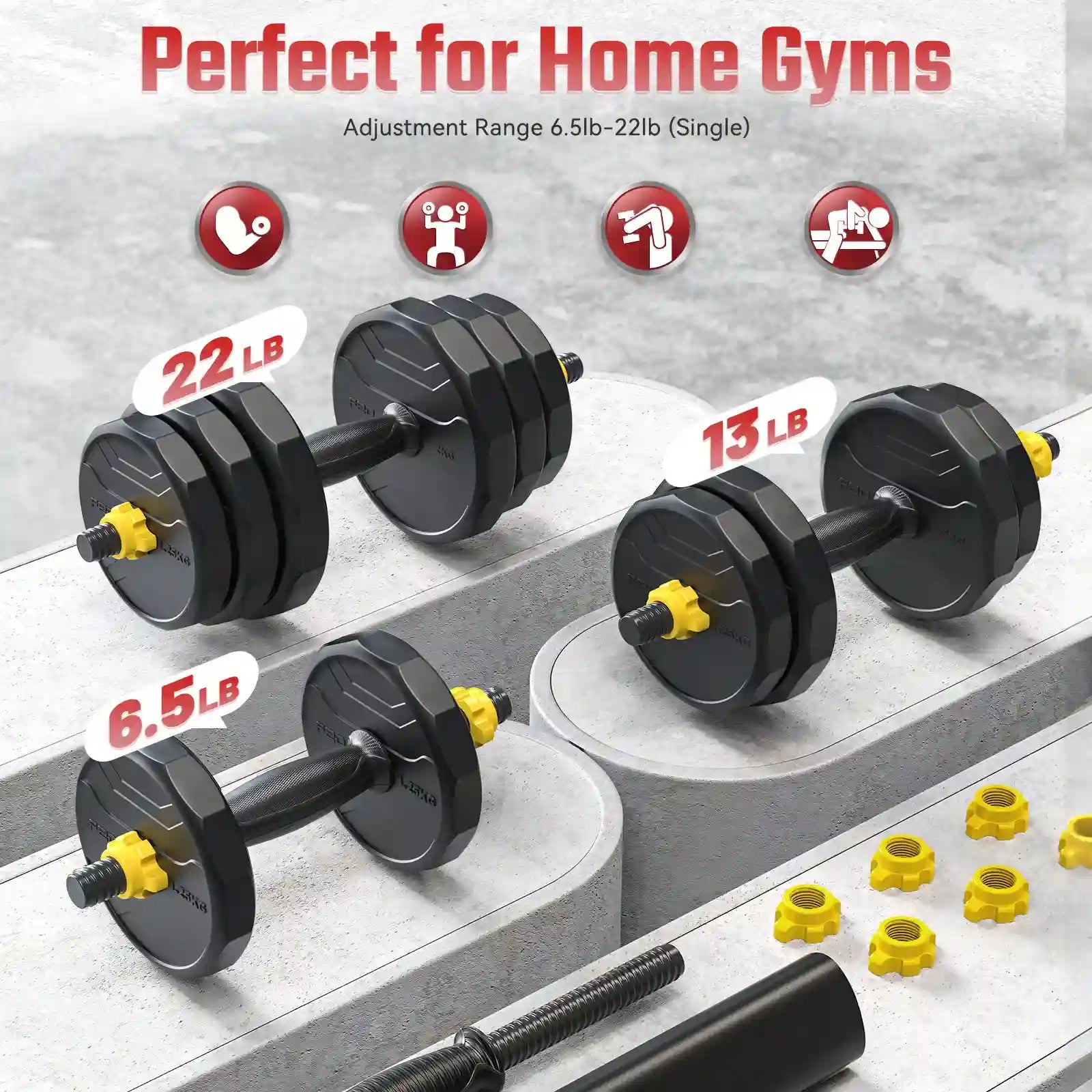 Set of adjustable dumbbells with weight indicators on a concrete floor.