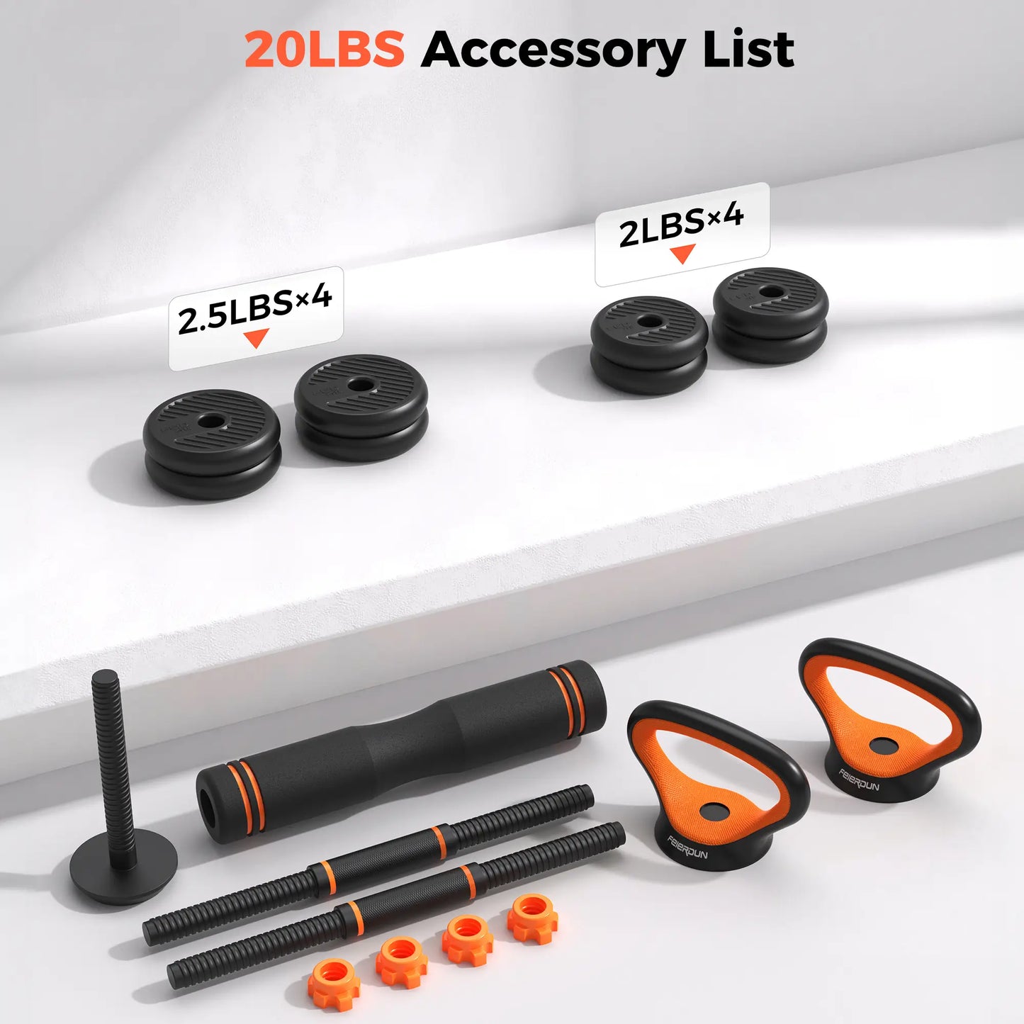 Set of gym accessories including weights and handles on a white background