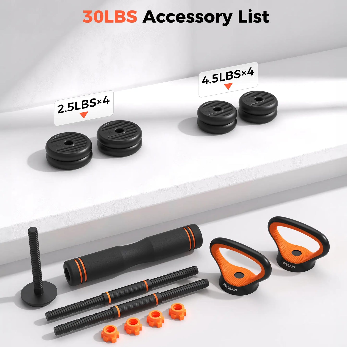 Set of gym accessories including weights and handles on a white background