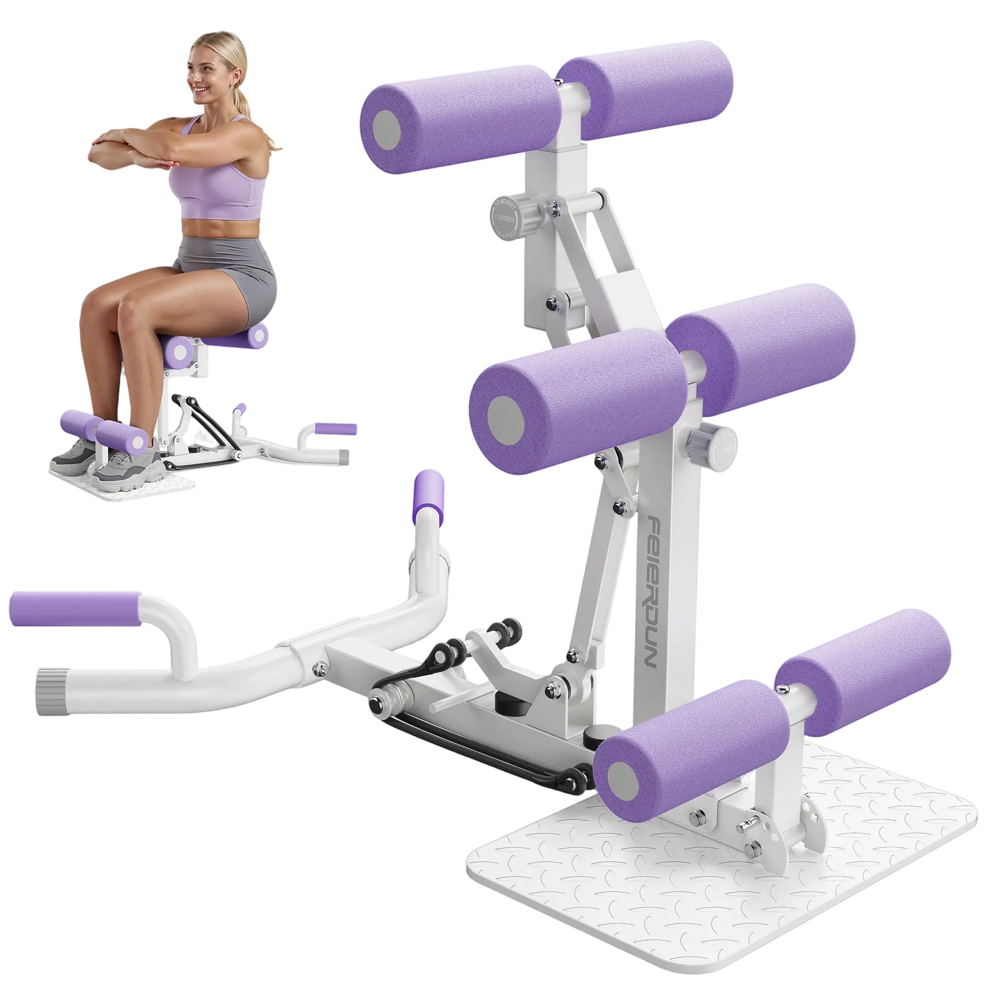 Woman using a white and purple exercise machine on a white background