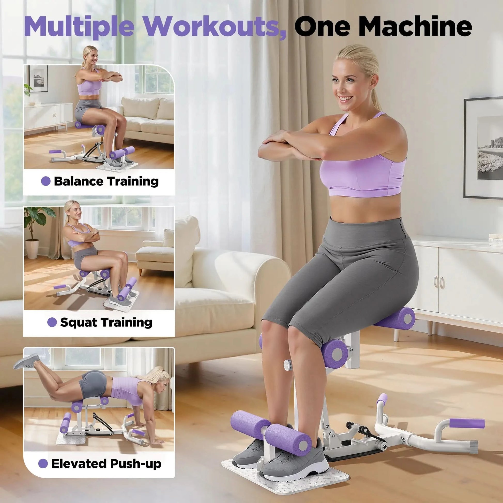 Woman using a multi-functional fitness machine in a living room setting with text highlighting various workouts.