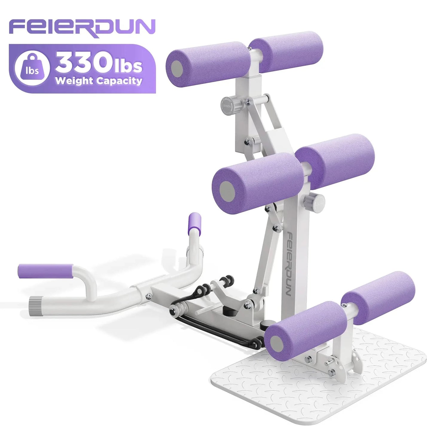 Feierdun exercise machine with purple handles and weight capacity label on a white background