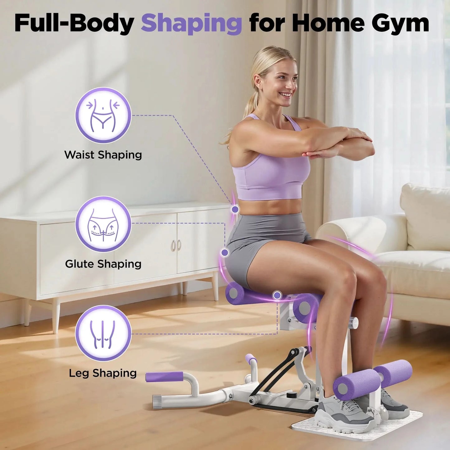 Woman using a home gym equipment for full-body shaping in a living room.