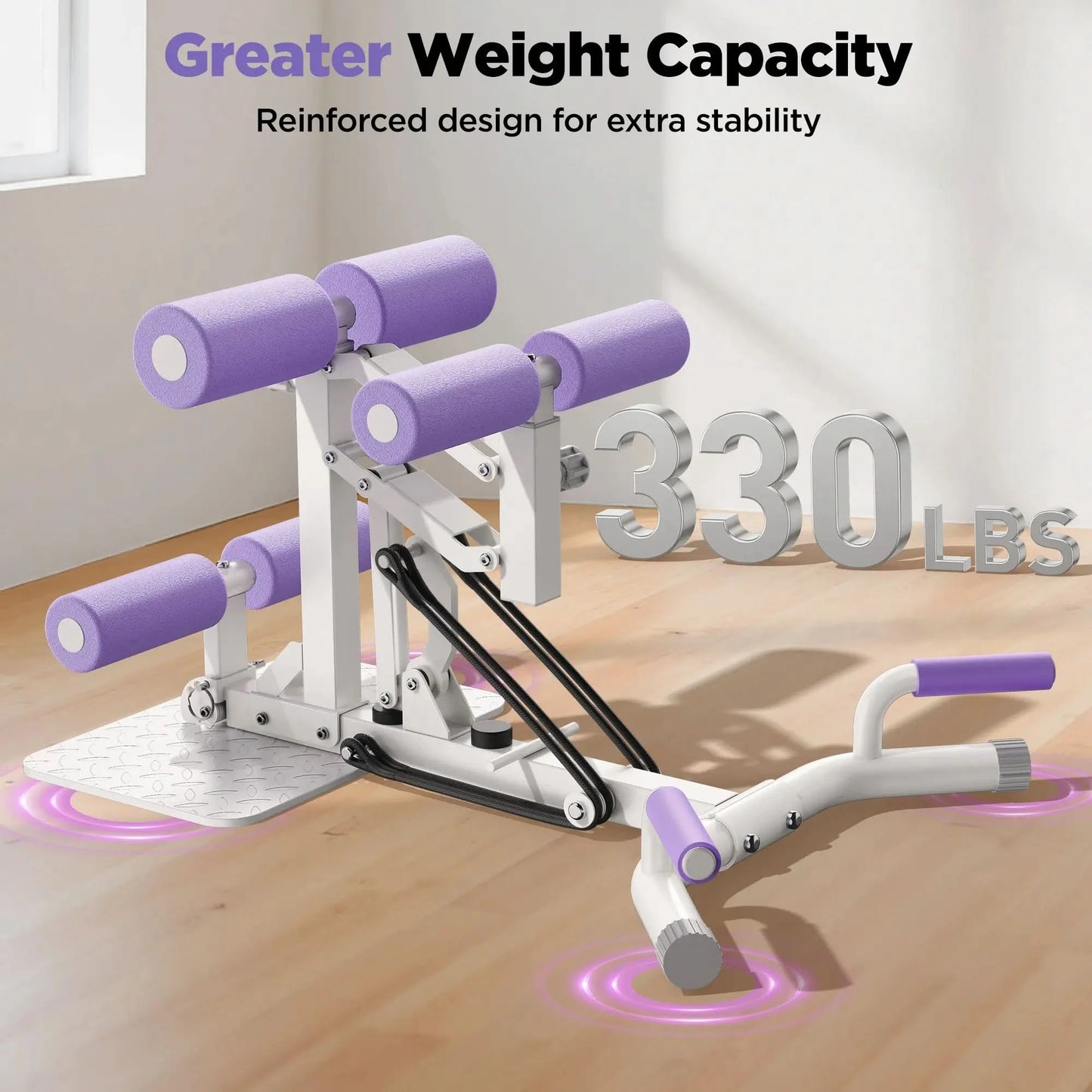 White and purple exercise machine with text about weight capacity on a wooden floor.