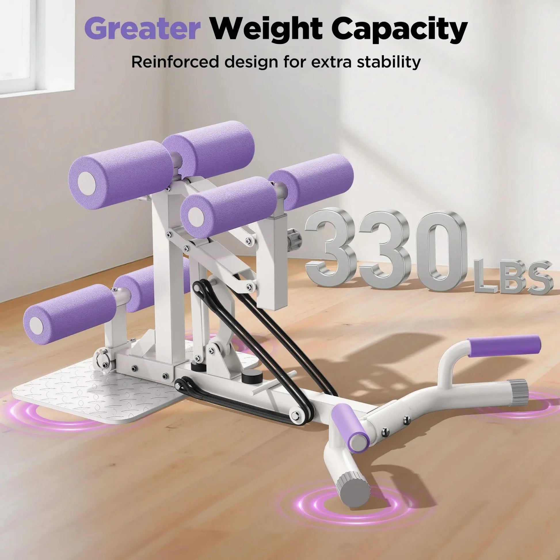 White and purple exercise machine with text about weight capacity on a wooden floor.