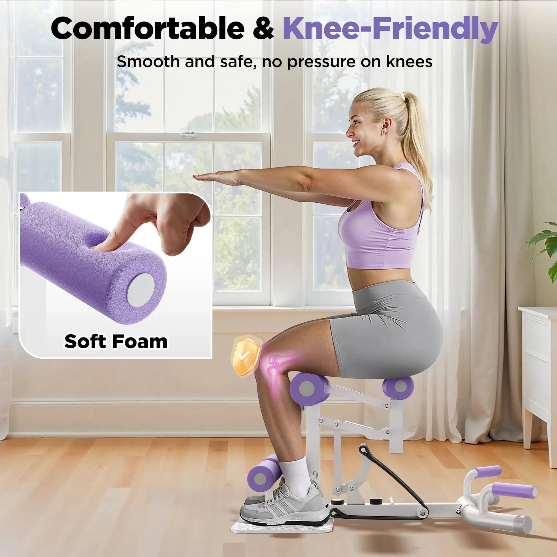 Woman using a step machine with soft foam roller inset, indicating comfort and safety for knees.