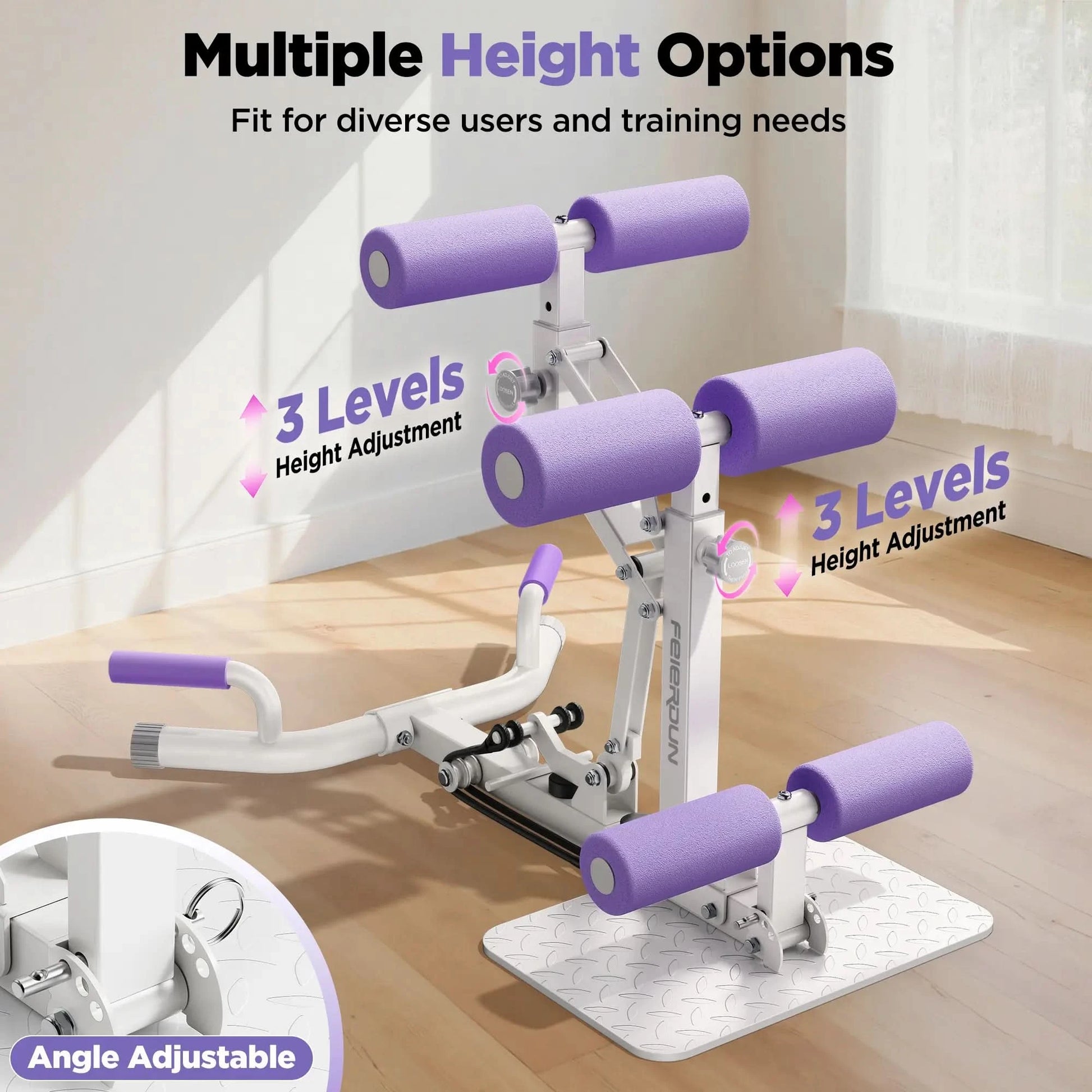 Fitness equipment with multiple height adjustment levels on a wooden floor.