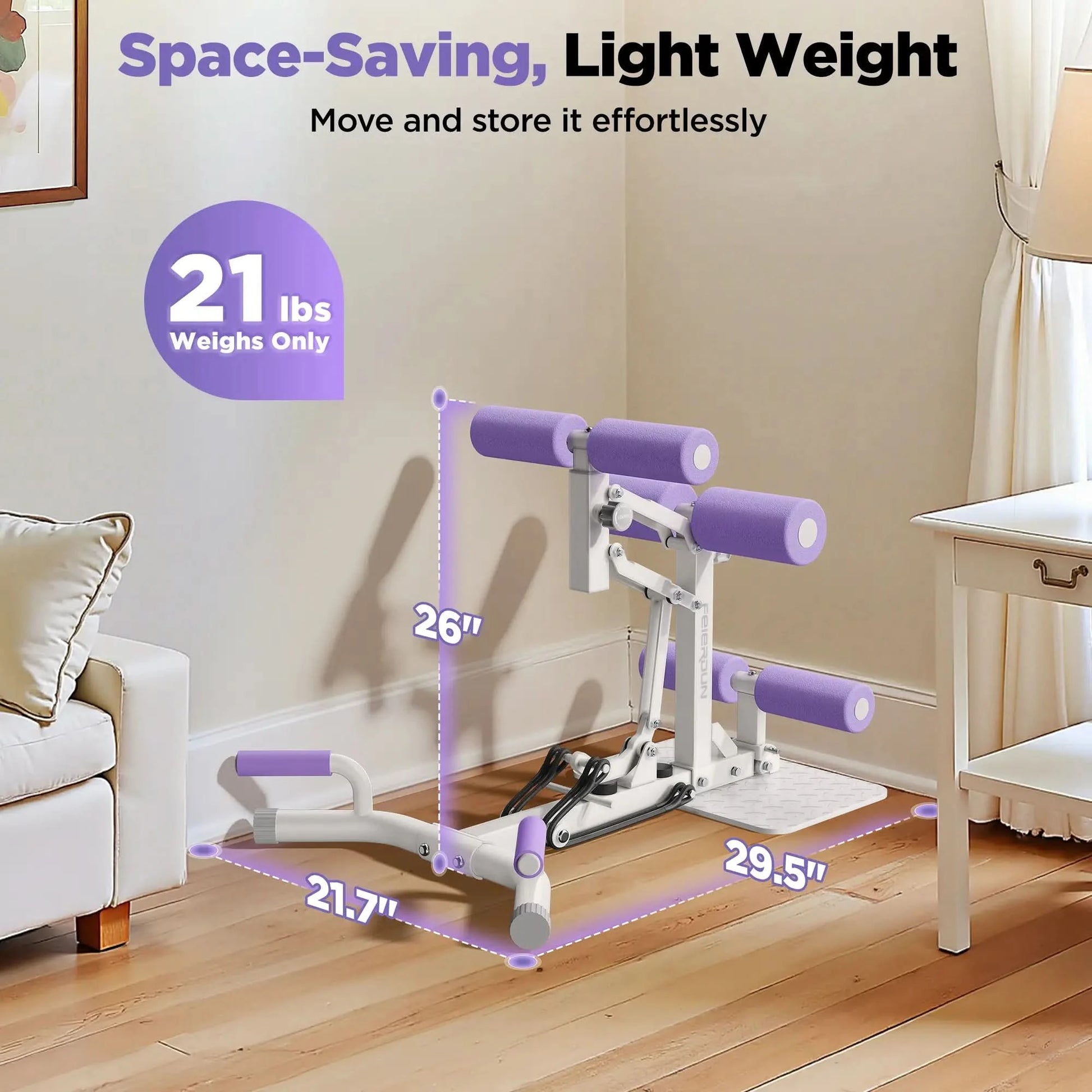 Space-saving exercise bench with dimensions and weight information in a living room setting.