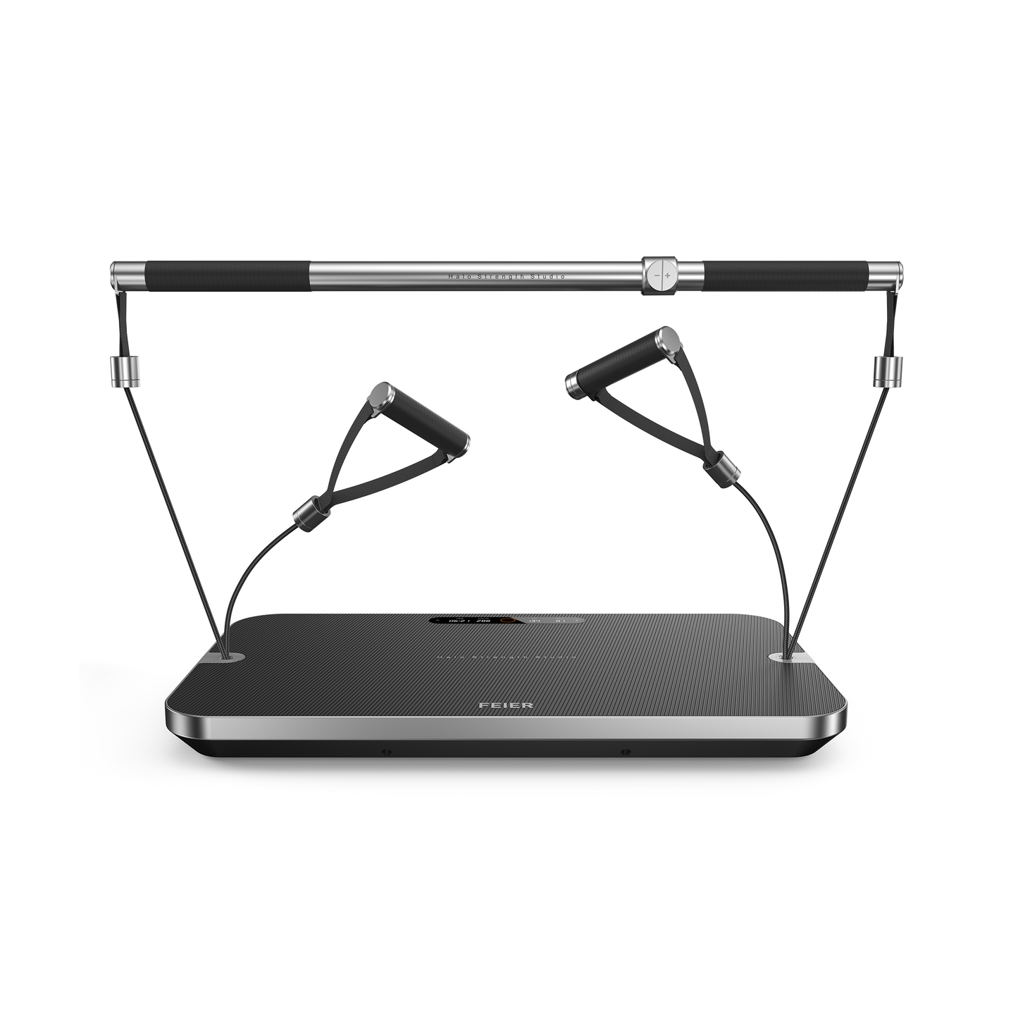 Black exercise device with resistance bands on a white background