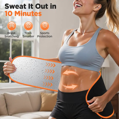 Woman using a waist trainer with text 'Sweat It Out in 10 Minutes' and icons indicating features.
