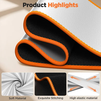 Close-up of a product with orange and black details, featuring text 'Product Highlights' and insets showing material properties.