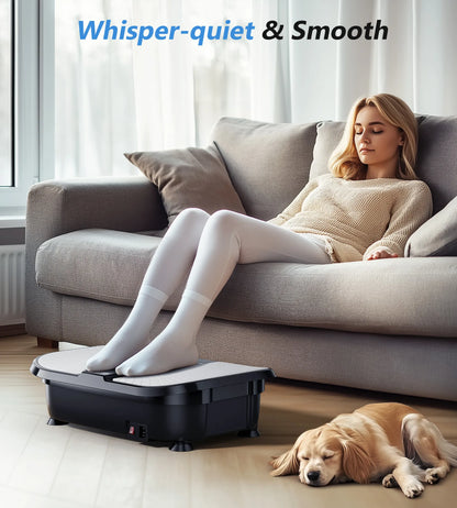Woman relaxing on a couch with a dog next to a foot massager, emphasizing 'Whisper-quiet & Smooth' feature.