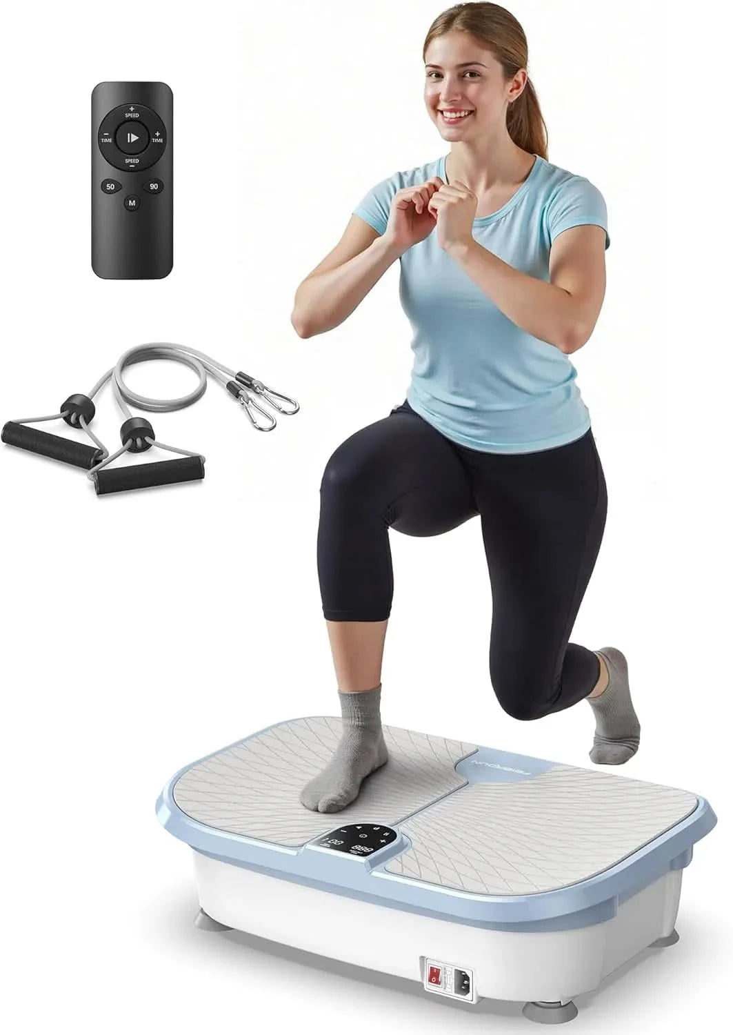 Woman using a vibration plate with resistance bands and remote control on a white background