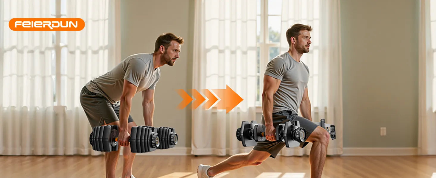 Man exercising with adjustable dumbbells in a home setting, featuring the Feierdun brand.