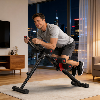 Man exercising on a home fitness machine in a living room with cityscape view.