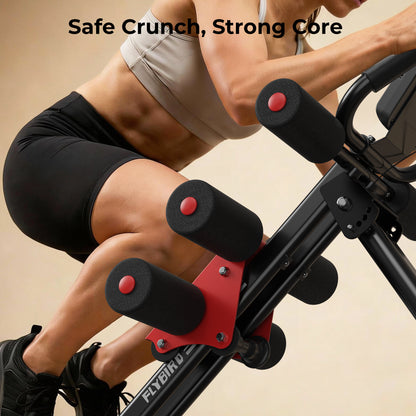 Person using a FlyBike for core exercise with text 'Safe Crunch, Strong Core.'