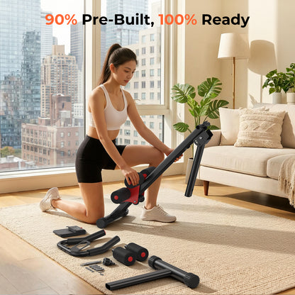 Woman using a home gym equipment in a living room with a cityscape view.