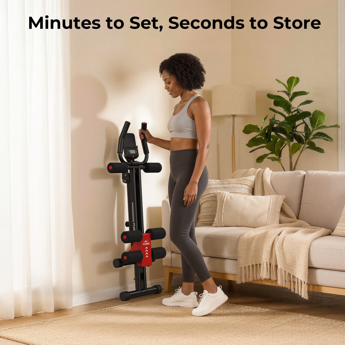 Woman using a home exercise device in a living room with text 'Minutes to Set. Seconds to Store.'