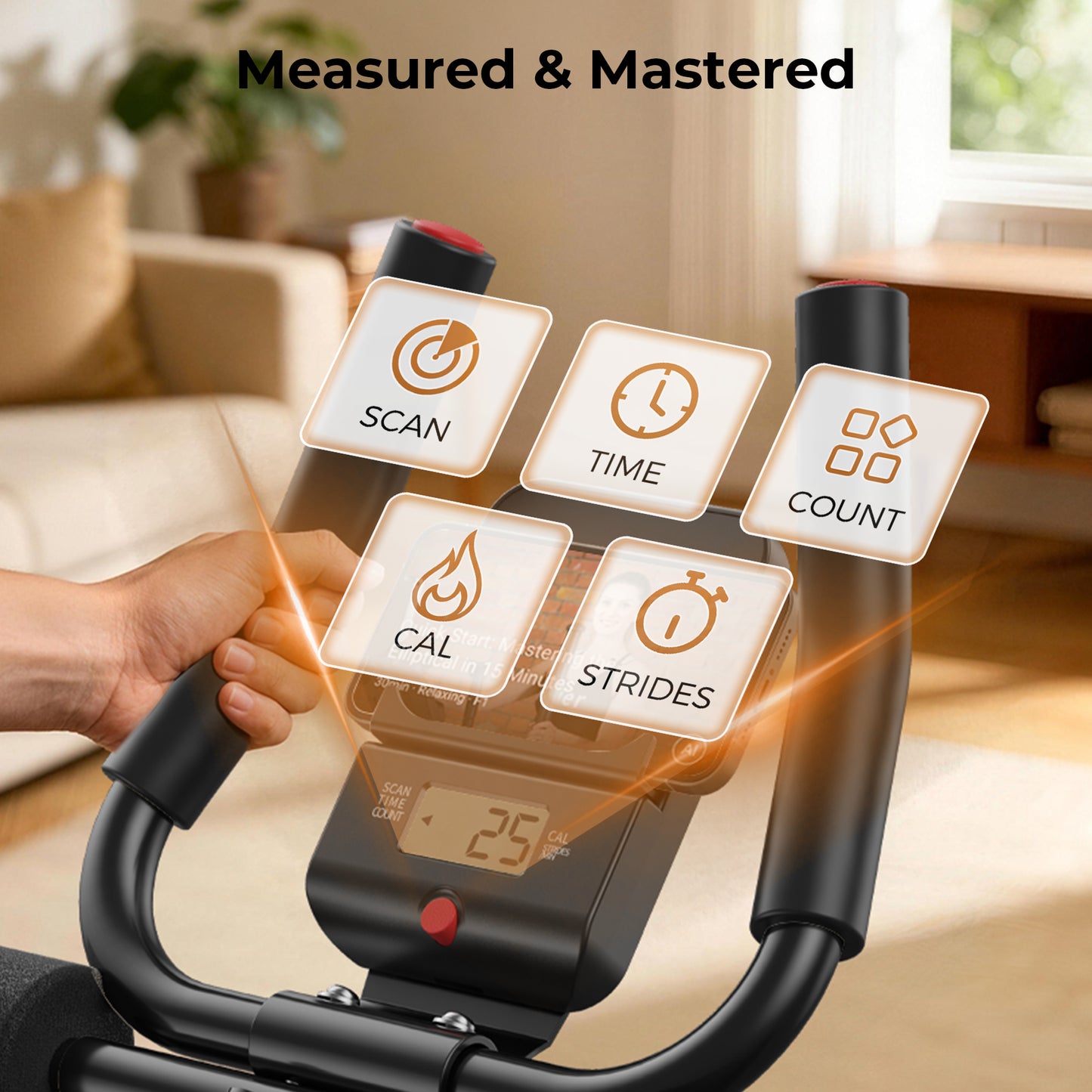 Hand holding a digital fitness device with icons labeled 'Scan', 'Time', 'Count', 'Cal', 'Strides' in a home setting.