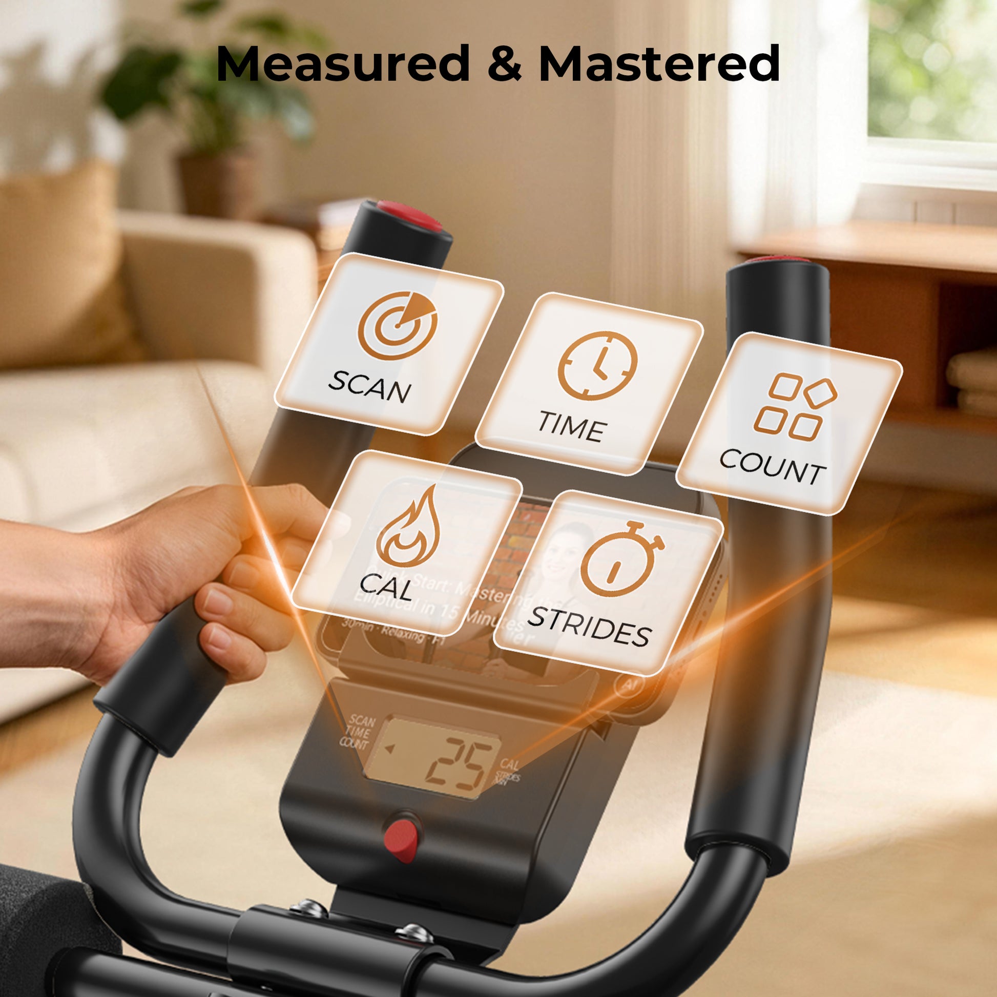 Hand holding a digital fitness device with icons labeled 'Scan', 'Time', 'Count', 'Cal', 'Strides' in a home setting.