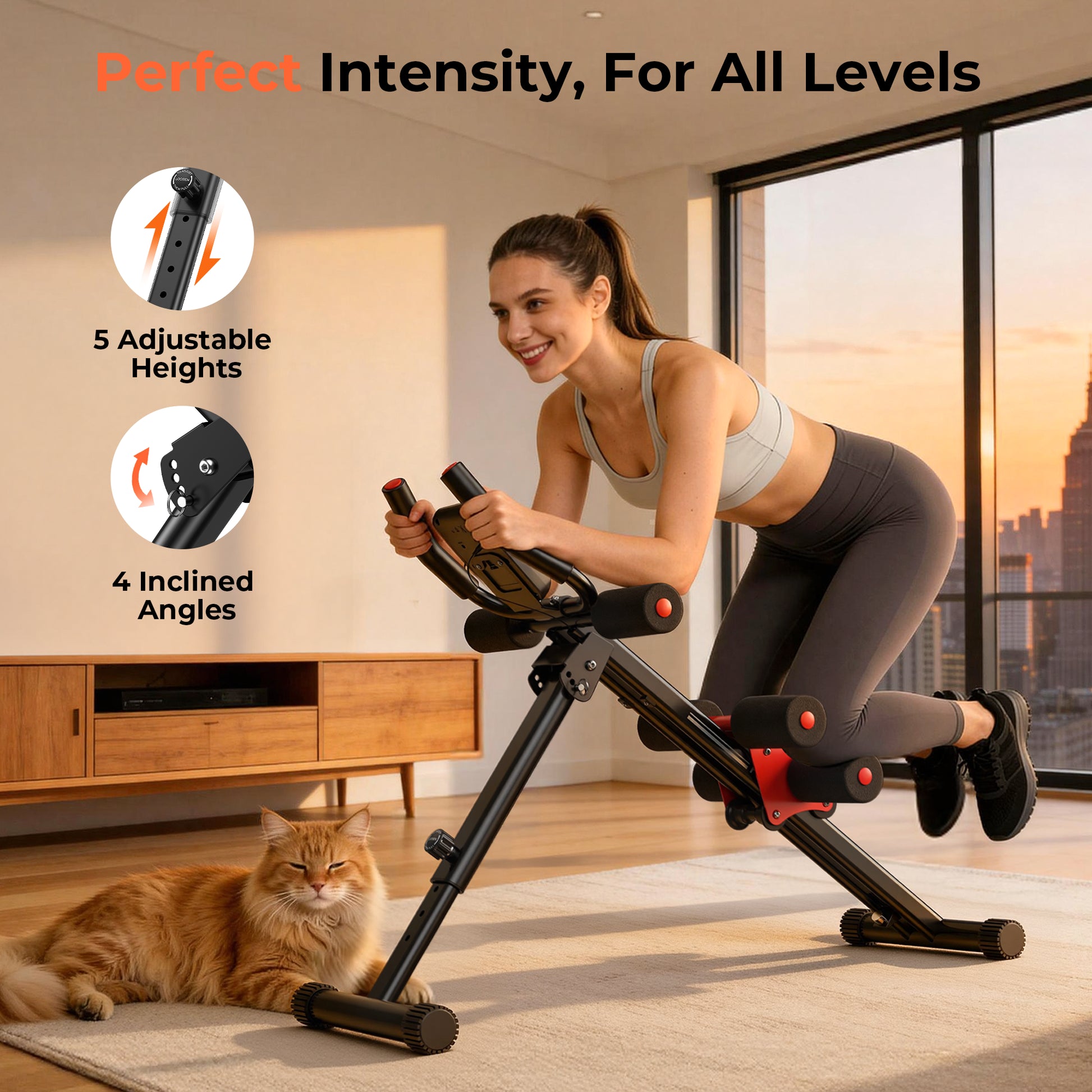 Woman exercising on a home fitness machine with a cat sitting nearby, in a room with large windows.