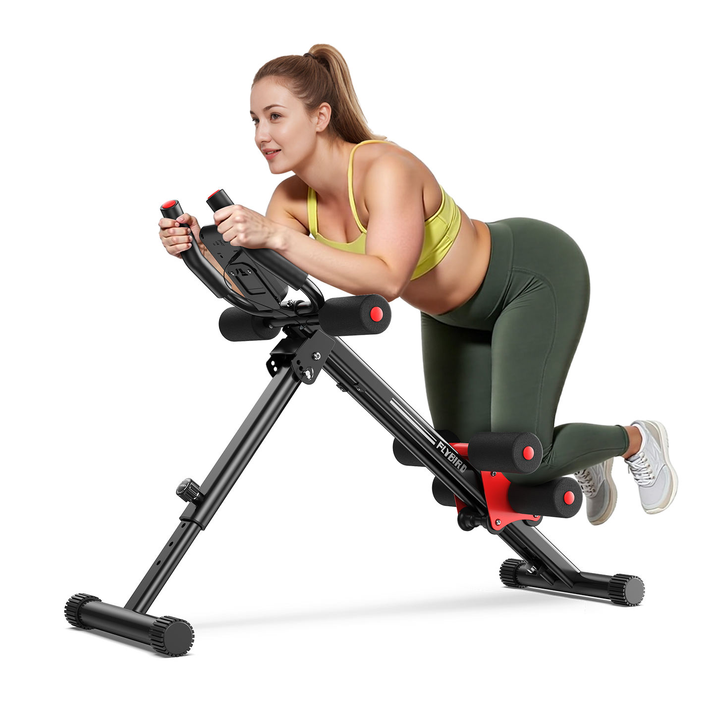 Woman using a black and red exercise machine on a white background