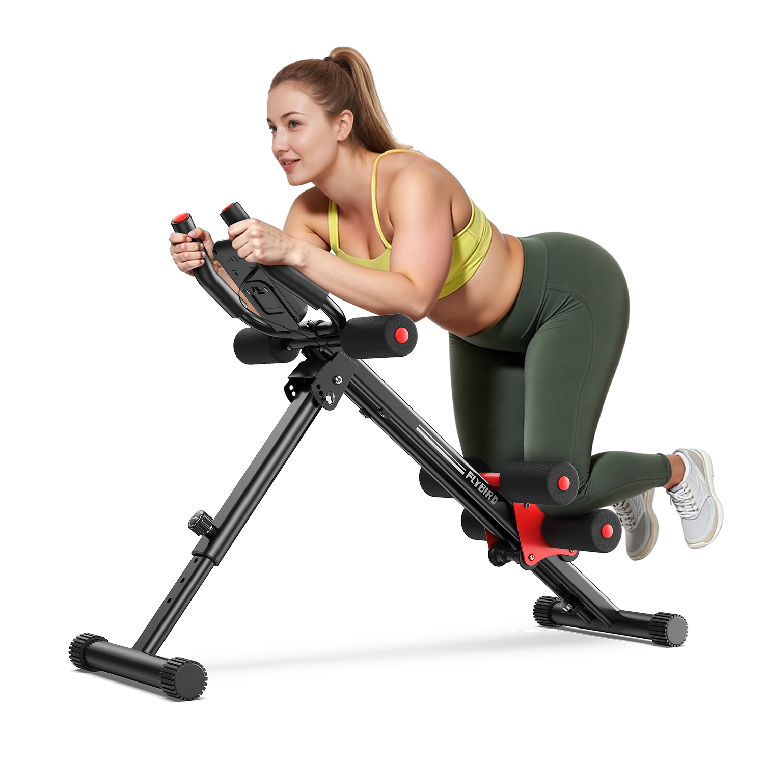 Woman using a black and red exercise machine on a white background