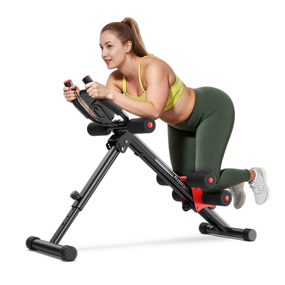 Woman using a black and red exercise machine on a white background