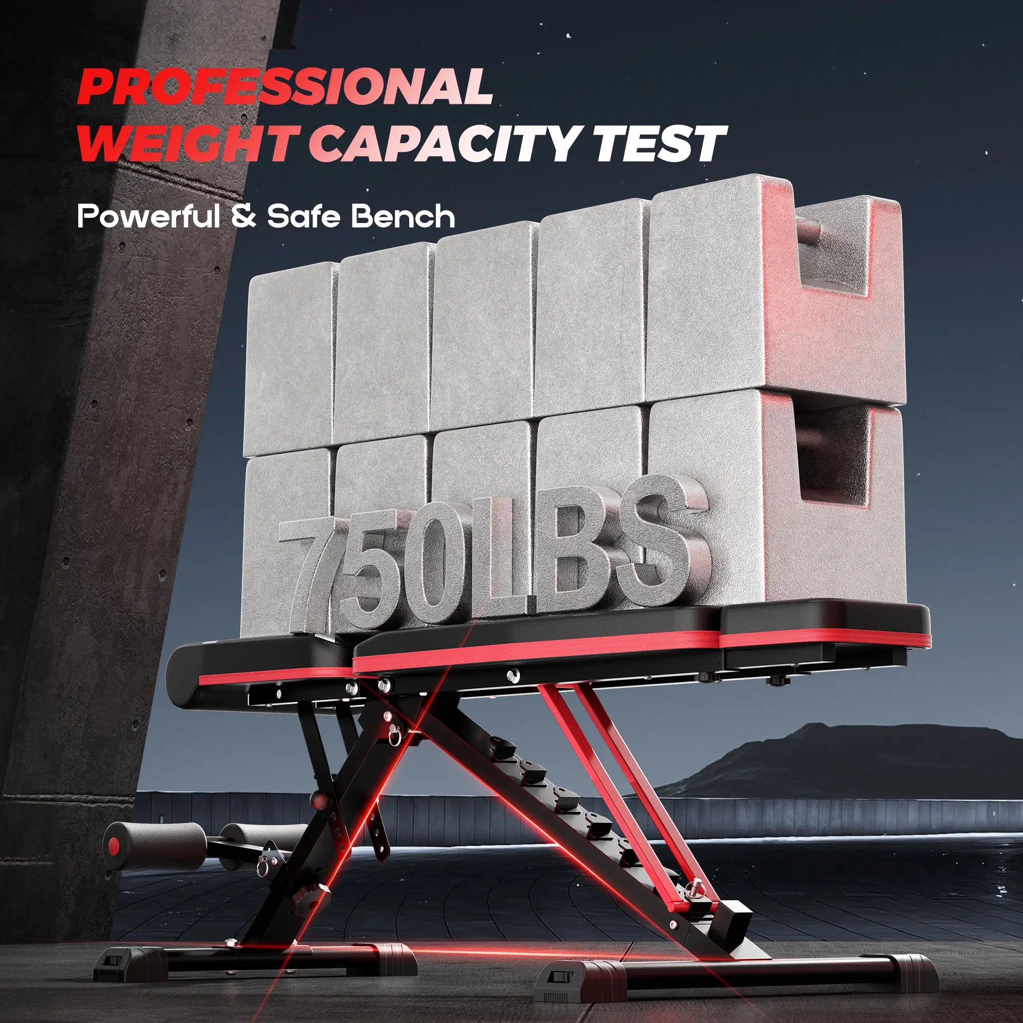 Weight bench with 750 lbs capacity display against a dark background