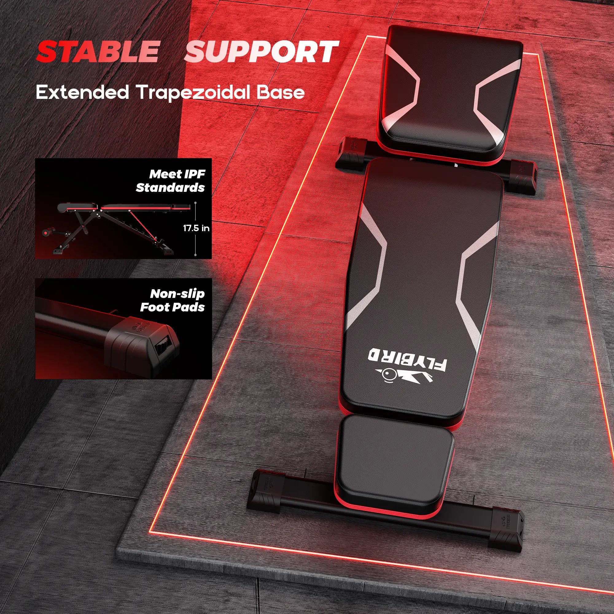 Black and red adjustable weight bench with 'FLYBIRO' branding on a dark floor.