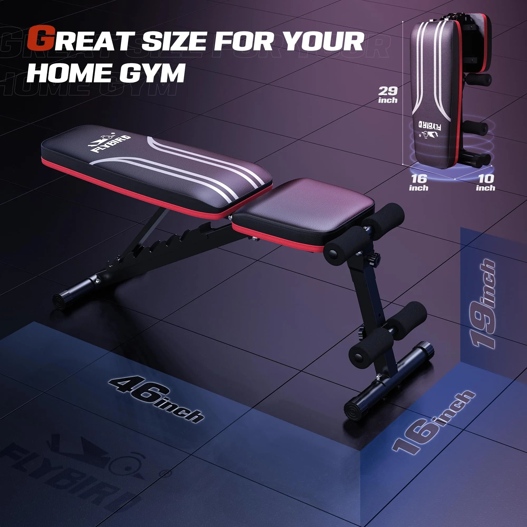 Dumbbell bench with dimensions displayed on a dark tiled floor background
