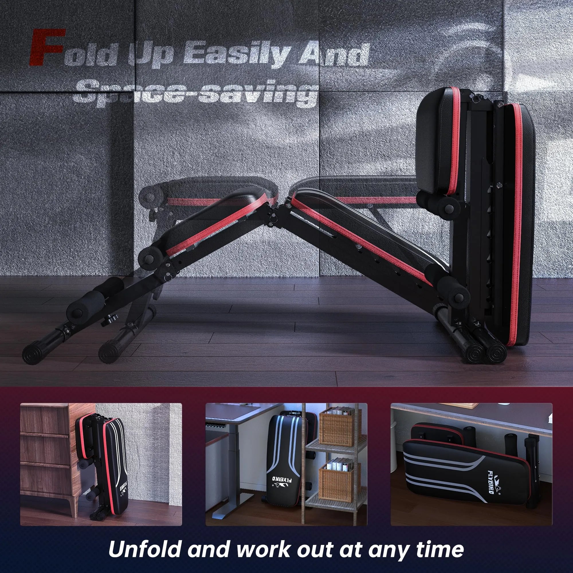 Foldable workout bench with space-saving features on a wooden floor.