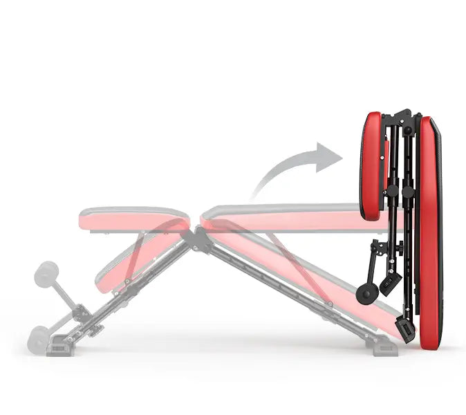 Illustration of a adjustable gym bench with red padding on a white background