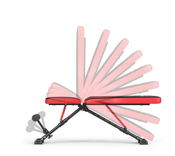 Red and black adjustable weight bench on a white background