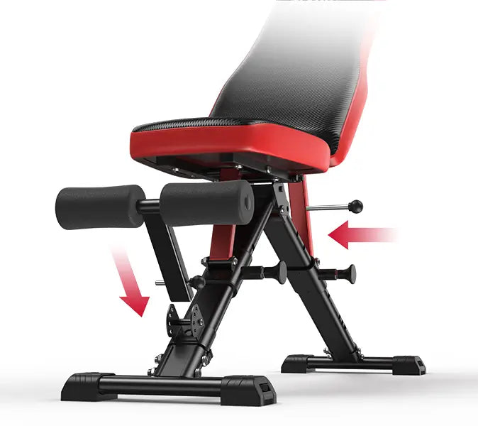 Black and red adjustable weight bench with labeled parts on a white background