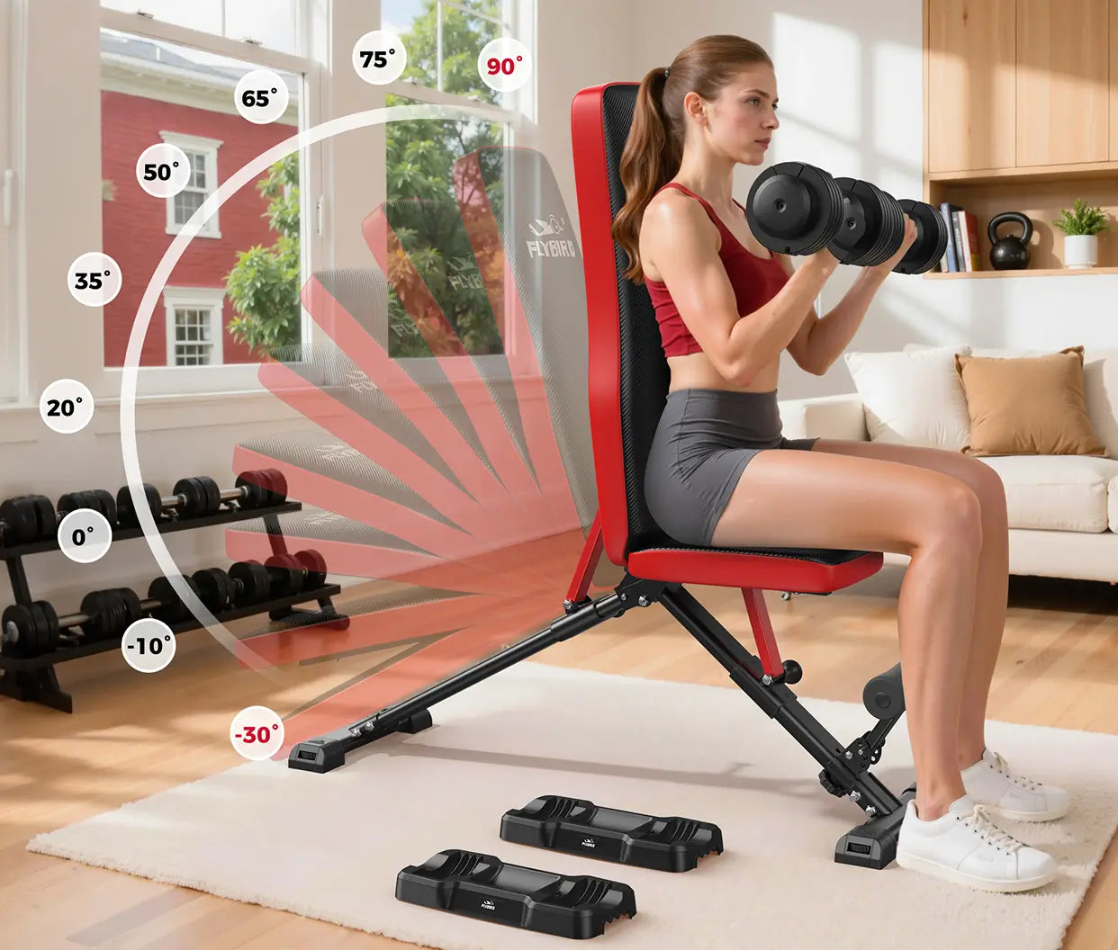 Woman exercising with dumbbells on a adjustable weight bench in a home setting.