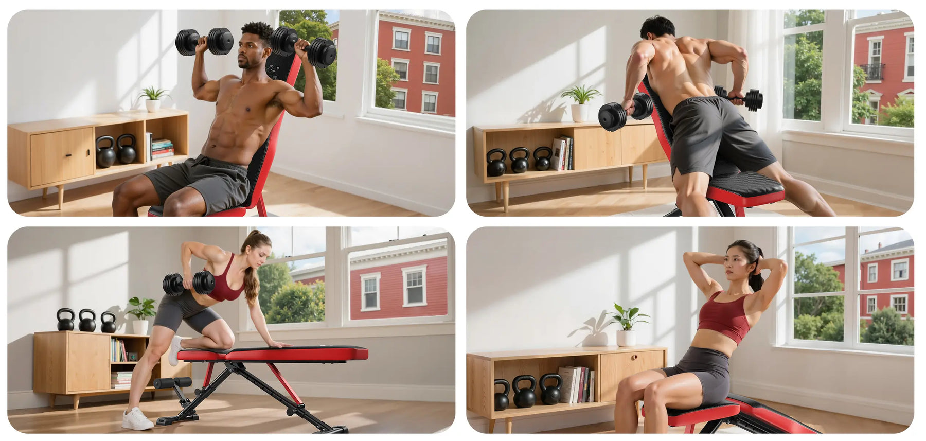 Collage of a man and woman exercising with gym equipment in a home setting.