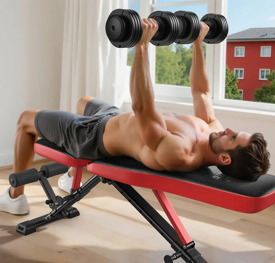 Man exercising with dumbbells on a weight bench in a home setting