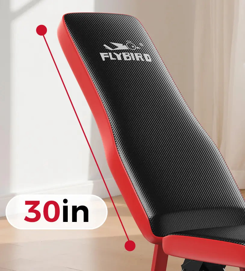 Red and black weight bench with 'Flybird' branding and '30in' label on a neutral background