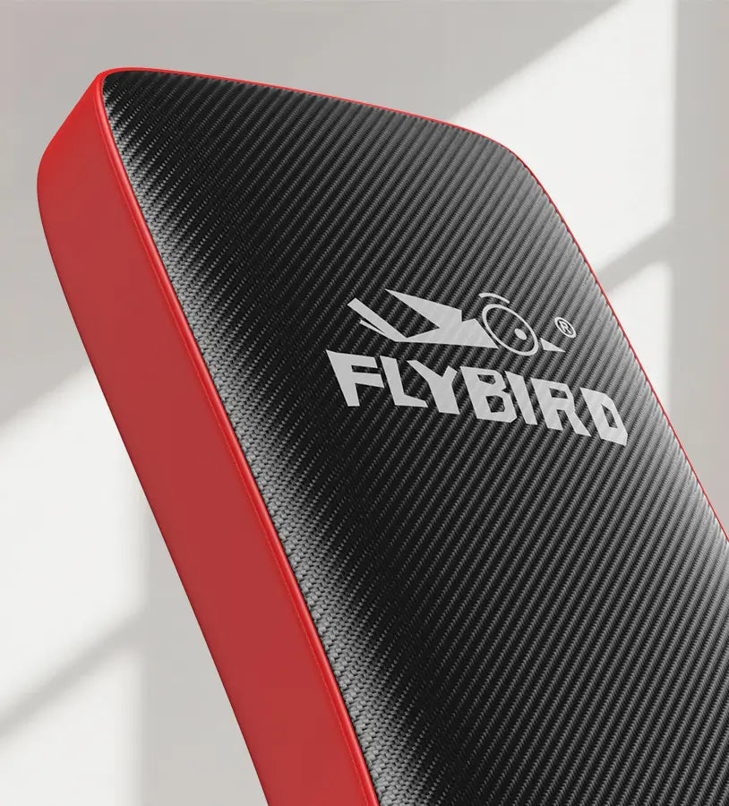 Black and red seat cover with 'Flybird' logo on a light gray background