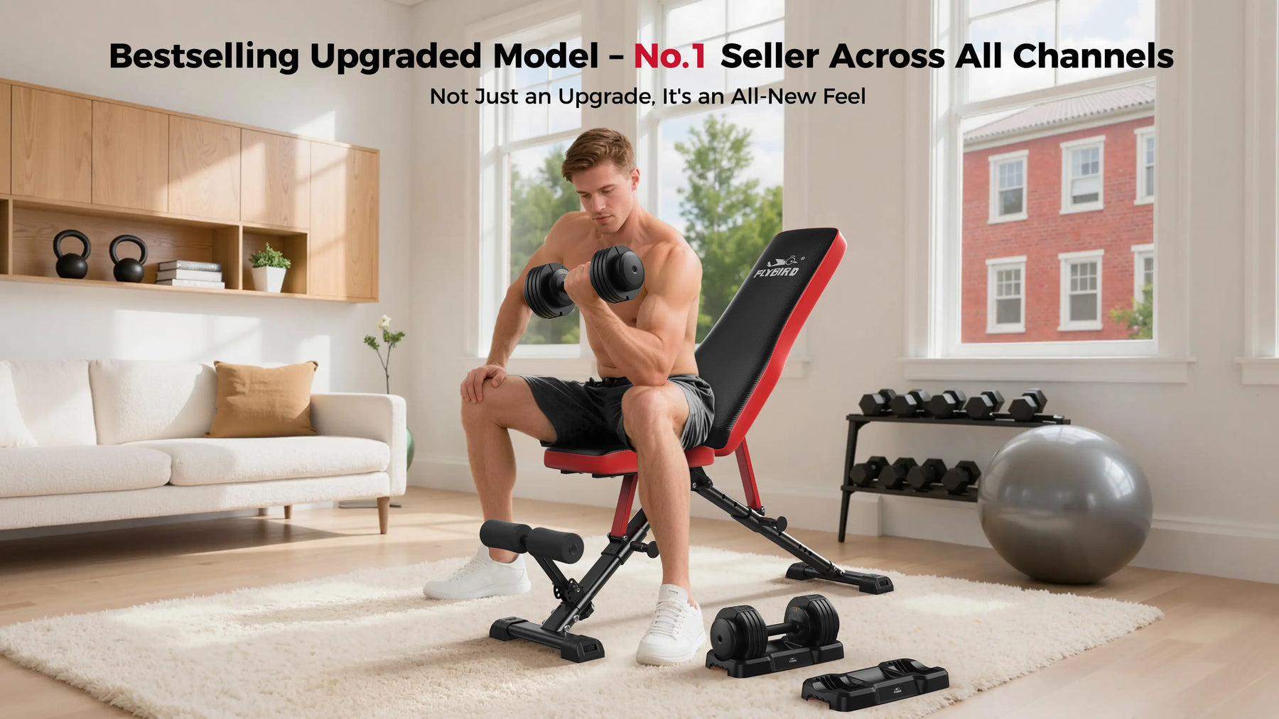 Man using a red and black weight bench in a living room setting with fitness equipment.