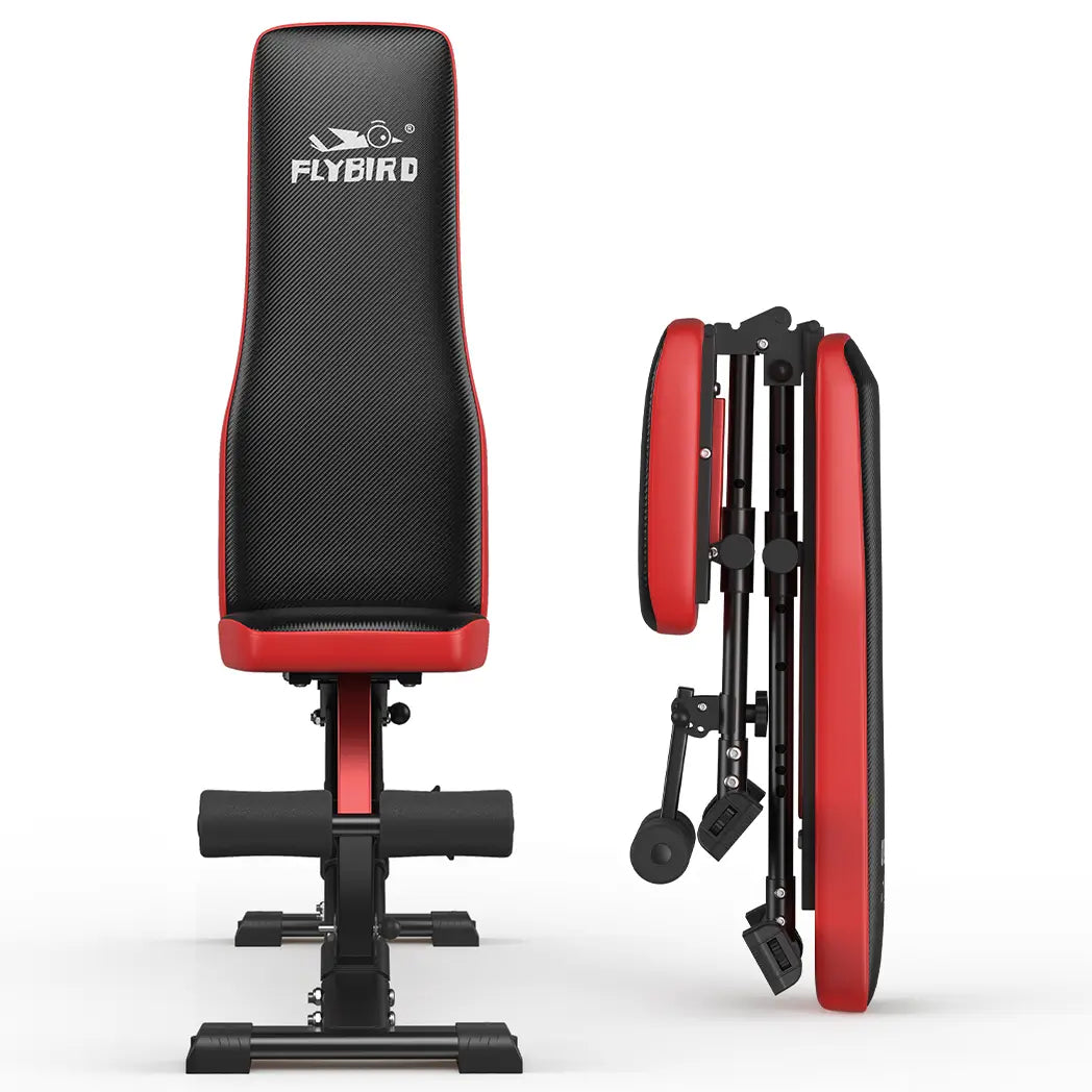 Black and red weight bench with Flybird branding on a white background