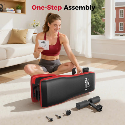Woman assembling a Flybird exercise bench in a living room.
