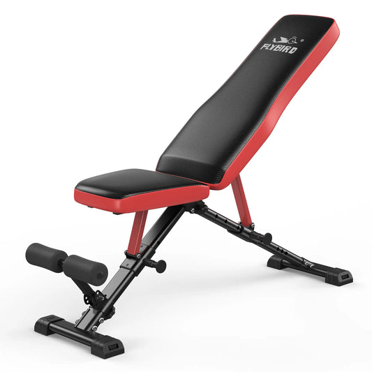 Black and red weight bench with Flybiko branding on a white background